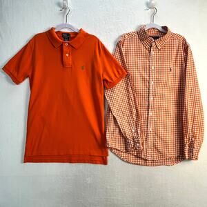 Ralph Lauren Lot Orange/ White Plaid Button Up & Orange Polo Shirt Boys 14
